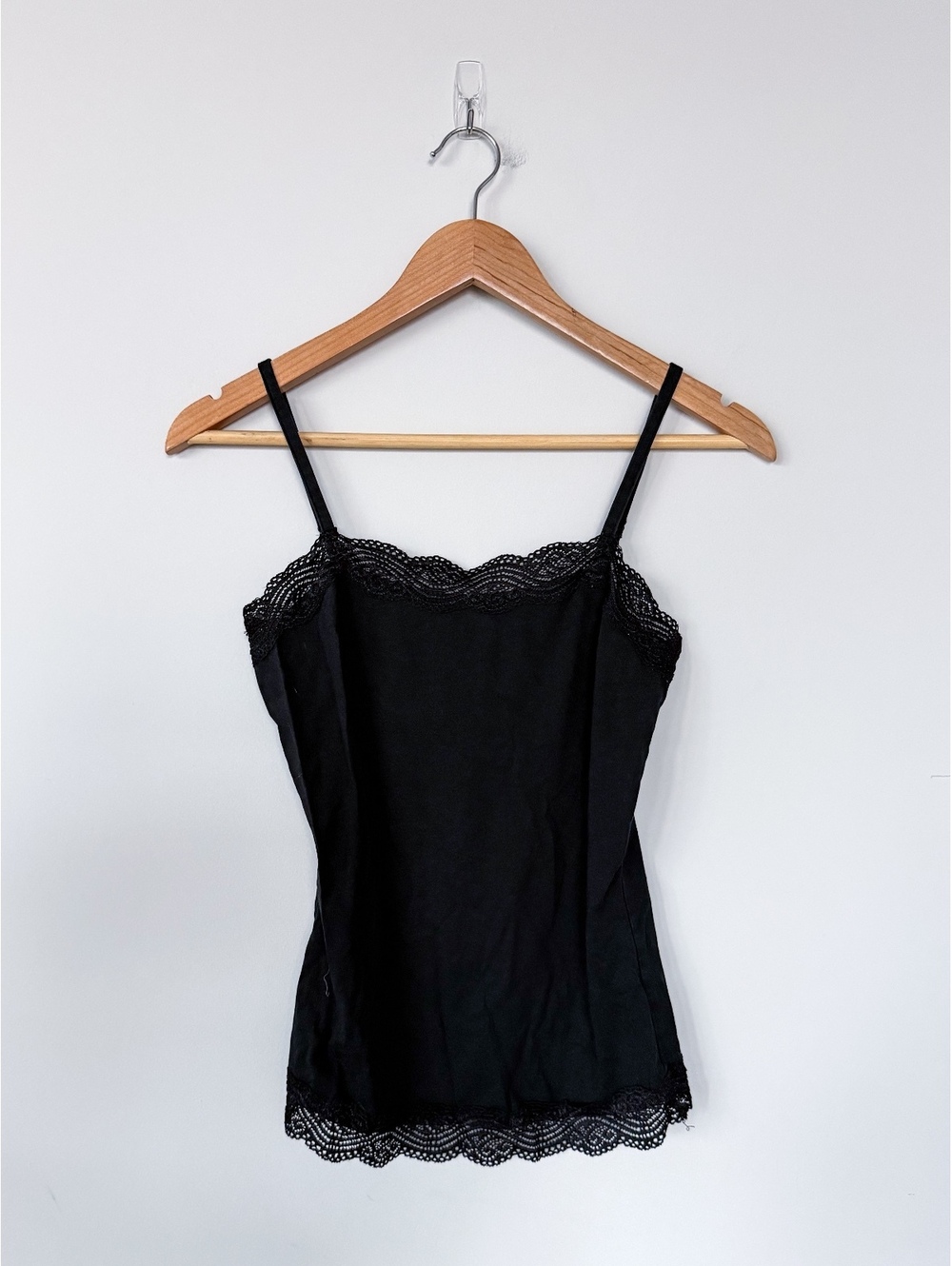 Ann Taylor Lace Trim Tank Top Black Dainty Elegant Chic Spaghetti Strap